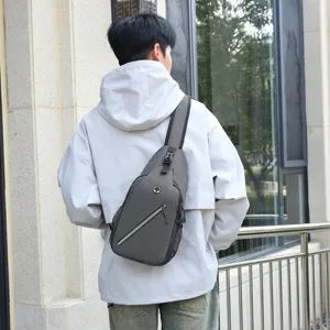 Mens grey casual sling bag lightweight crossbody chest bag for outdoor sports and daily travel.