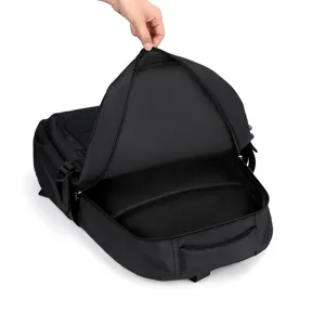 Black large capacity backpack interior detail view featuring spacious main compartment.