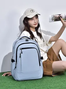 Fashion casual computer backpack for men and women, light blue grid travel daypack.