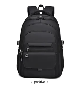 Black multi-functional large capacity backpack, front detail view, durable fabric design.