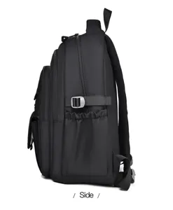 Black backpack side view showcasing large capacity, multi-pocket design, and durable canvas material.