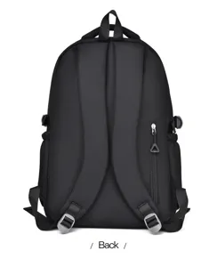 Detail view of the black backpack back straps and zipper pocket design, durable fabric.