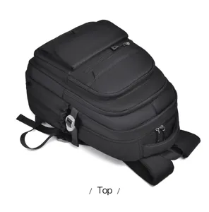 Detailed top view of a black multi-compartment casual backpack, durable fabric and clean design.