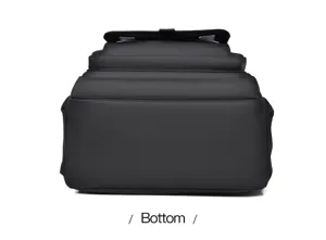 Bottom detail view of the minimalist black school backpack showing sturdy structure