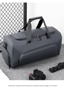 Detailed view of the dark grey men's waterproof travel duffel gym bag with large capacity.