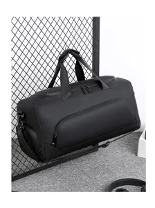 Men's large capacity travel duffel bag with wet dry separation, black handheld shoulder bag.