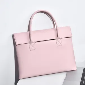 Elegante borsa per laptop in pelle rosa da donna, valigetta professionale da lavoro.