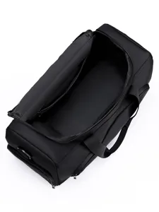 Black large capacity men's gym duffel bag with wet dry separation for travel and business.