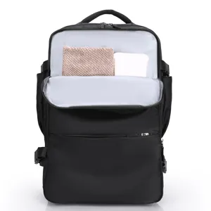 Black large capacity casual backpack front main view showing interior storage compartments