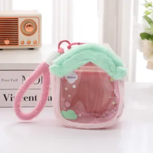 Plush house transparent doll bag cute mini keychain pouch portable toy storage bag