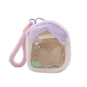 Plush house transparent doll display bag detail showing clear window and fuzzy roof