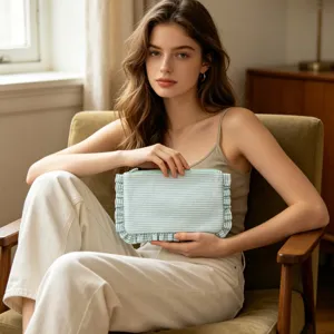 Detailed lifestyle scene showing a striped ruffle cosmetic pouch held by a woman in a cozy room.
