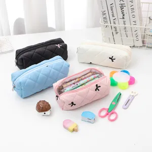 Quilted pencil case cute bow makeup pouch aesthetic portable cosmetic bag for women