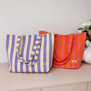 Casual striped canvas tote bag for women, large capacity stylish shoulder bag with double straps.