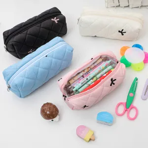 Cute quilted pencil case cute makeup pouch aesthetic zipper stationery storage bag for girls