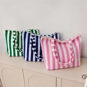 Casual stylish large capacity striped canvas tote bag for women, multi-color shoulder handbag.