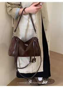 Bolso de hombro de ante marrón para mujer, estilo retro minimalista bolso de diario.