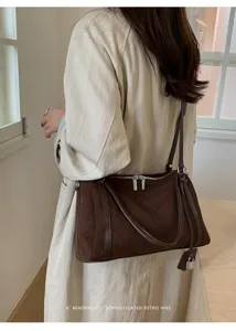 Bolso de hombro de ante marrón retro bolso bajo el brazo con cremallera doble y candado elegante