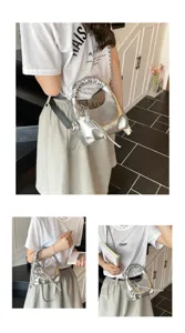 Koreanischer Stil metallisch silberne geraffte Handtasche Mode Kette Schultertasche Damen
