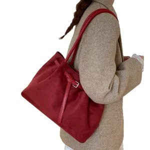 Large capacity red suede women shoulder bag, retro autumn winter commuter tote bag main view