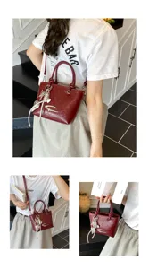 Vintage dark red small handbag for women, chic bucket bag with metal charms and shoulder strap.
