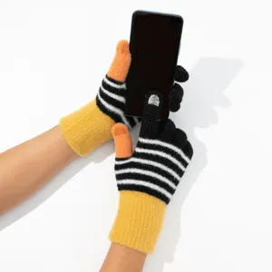 Gants Tactiles Tricotés Chauds d'Hiver Pour Hommes Et Femmes Rayés Bloc de Couleurs Thermiques
