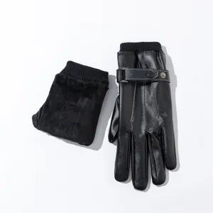 Waterproof PU leather gloves with plush warm lining and knitted cuff for winter outdoor cycling.