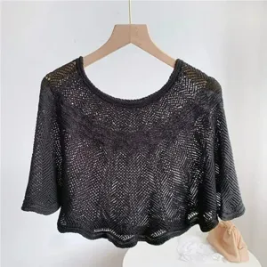 Black knitted hollow-out summer shawl elegant short cape breathable beach sun protection cover up
