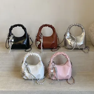 Koreanischer Stil Plissierte Handtasche Damen Mode Kette Umhängetasche PU Leder Einfarbig Lässige Unterarm Schultertasche