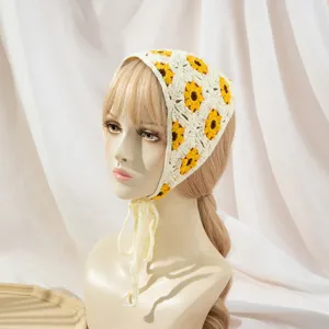 Foulard triangle crochet tournesol vintage bandeau floral tête style bohème mignon