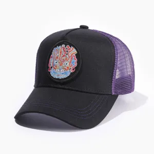 Retro Chinese stijl geborduurde mesh honkbalpet, hip-hop trucker hoed met kleurrijke patch.