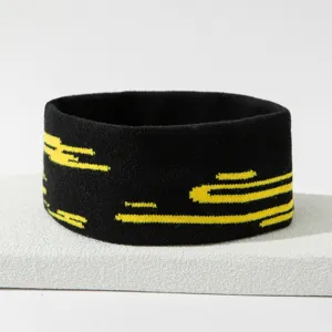 Diadema deportiva de punto negro con rayas amarillas, absorbente de sudor para fitness.
