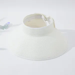 Chapeau visière de soleil en paille blanche pour femmes, grand bord pliable anti-UV plage d'été.
