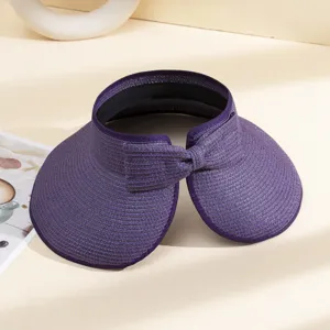 Chapeau visière de soleil en paille violette avec nœud, large bord ouvert été plage voyage