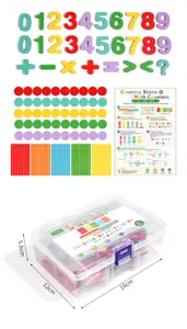 Kids math counting sticks and math counters set with wooden numbers and storage box.