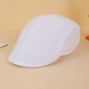 Classic white mesh flat cap for men, breathable summer ivy newsboy hat for outdoor casual wear.