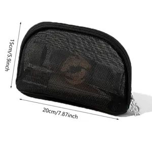 Sac de Maquillage de Voyage en Maille Noire Organisateur de Toilette Portable Pochette Cosmétique Imperméable Sac à Main à Fermeture Éclair Pour Femmes