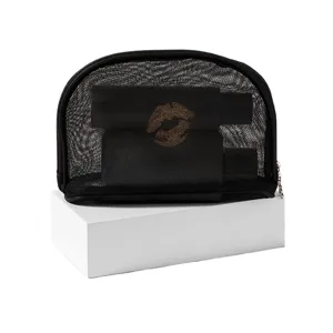 Trousse de maquillage en filet noir pochette portable avec imprime levres dore accessoire chic