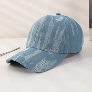 Casquette de baseball en jean délavé bleu avec motif blanc, chapeau de soleil élégant streetwear.