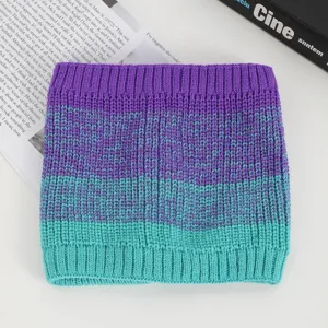 Winter knitted neck warmer in purple and turquoise stripes, soft and windproof for outdoor wear.