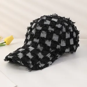 Casquette de Baseball en Denim Vieilli Unisexe Damier Paillettes Réglable Bord Incurvé Mode de Rue Chapeau de Protection Solaire