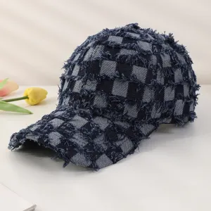 Casquette de baseball en jean à carreaux frangés style urbain visière pare-soleil chapeau