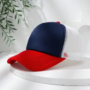 Colorblock trucker hat with mesh back, breathable casual baseball cap for outdoor sun protection.