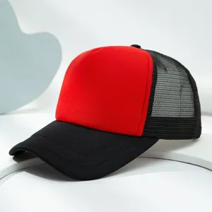 Red and black mesh trucker hat, breathable foam front panel, curved brim close-up view.