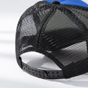 Detail of breathable black mesh back and adjustable plastic snapback closure on the cap.