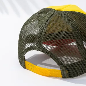 Yellow and dark green mesh trucker cap rear detail, adjustable snapback, summer hat style