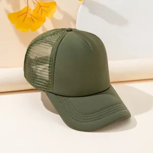 Detailed view of the army green trucker hat, highlighting breathable mesh and foam front panel.