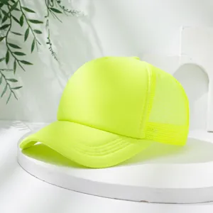 Neon green foam trucker hat, breathable mesh back, snapback baseball cap for summer outdoor.