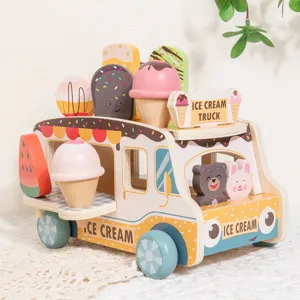 Kids Wooden Ice Cream Cart Pretend Play Kitchen Toy Simulation Dessert Food Store Stand Educational Toy Gift For Boys Girls