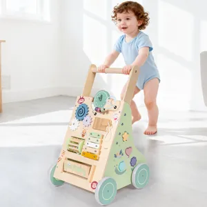 Multi-functional wooden baby walker activity center push toy with educational gears for toddlers.